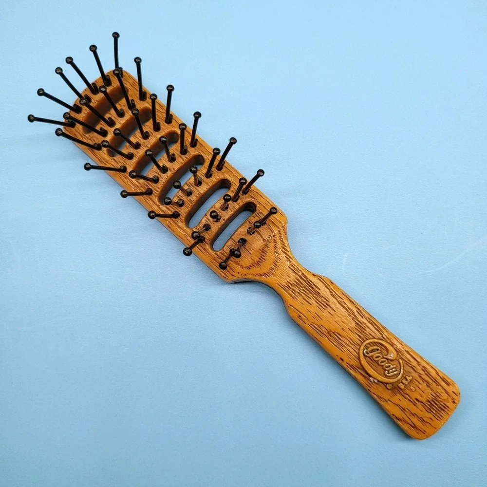 Vintage Goody Vented Hair Brush & Hand Mirror Travel Purse Plastic Faux Wood USA